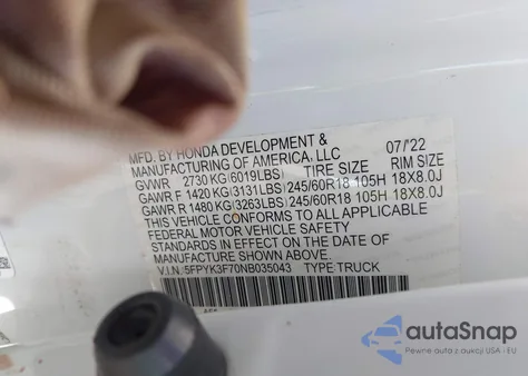 2022 Honda Ridgeline Rtl-E from USA, damaged, VIN 5FPYK3F70NB035043